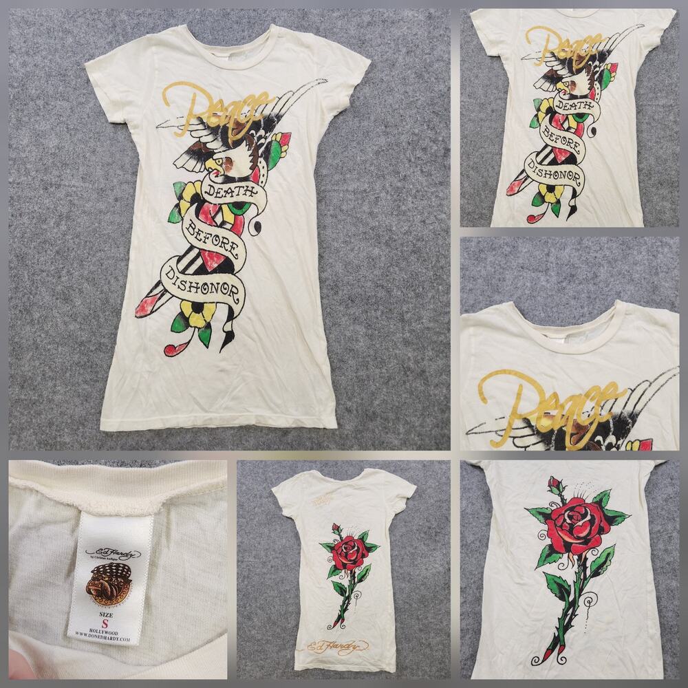 Ed Hardy T Shirt Womens Small Tattoo Graphic Death Before Dishonor Peace Rose